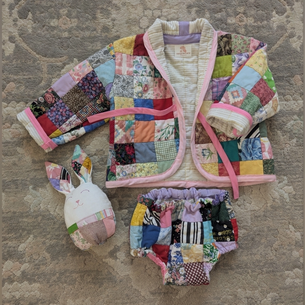Colorful Patchwork Baby Outfit with Bunny Toy